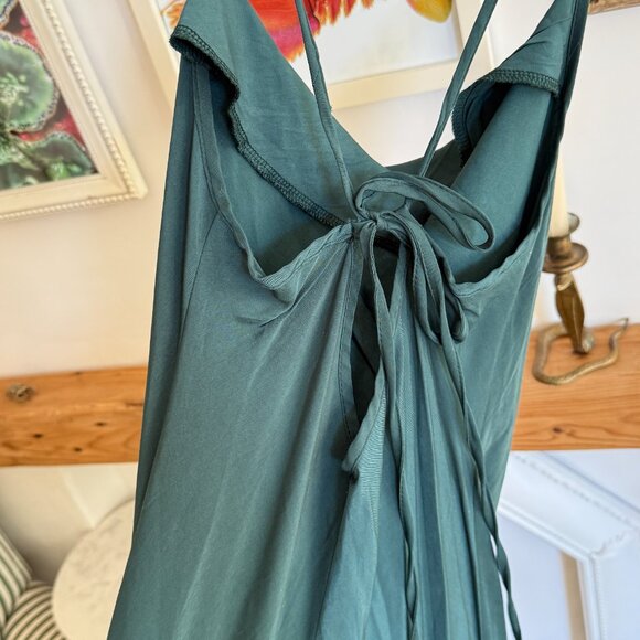 Dark Green Silky Cowl Neck Spaghetti Strap Open Back Midi Dress - Picture 11 of 11